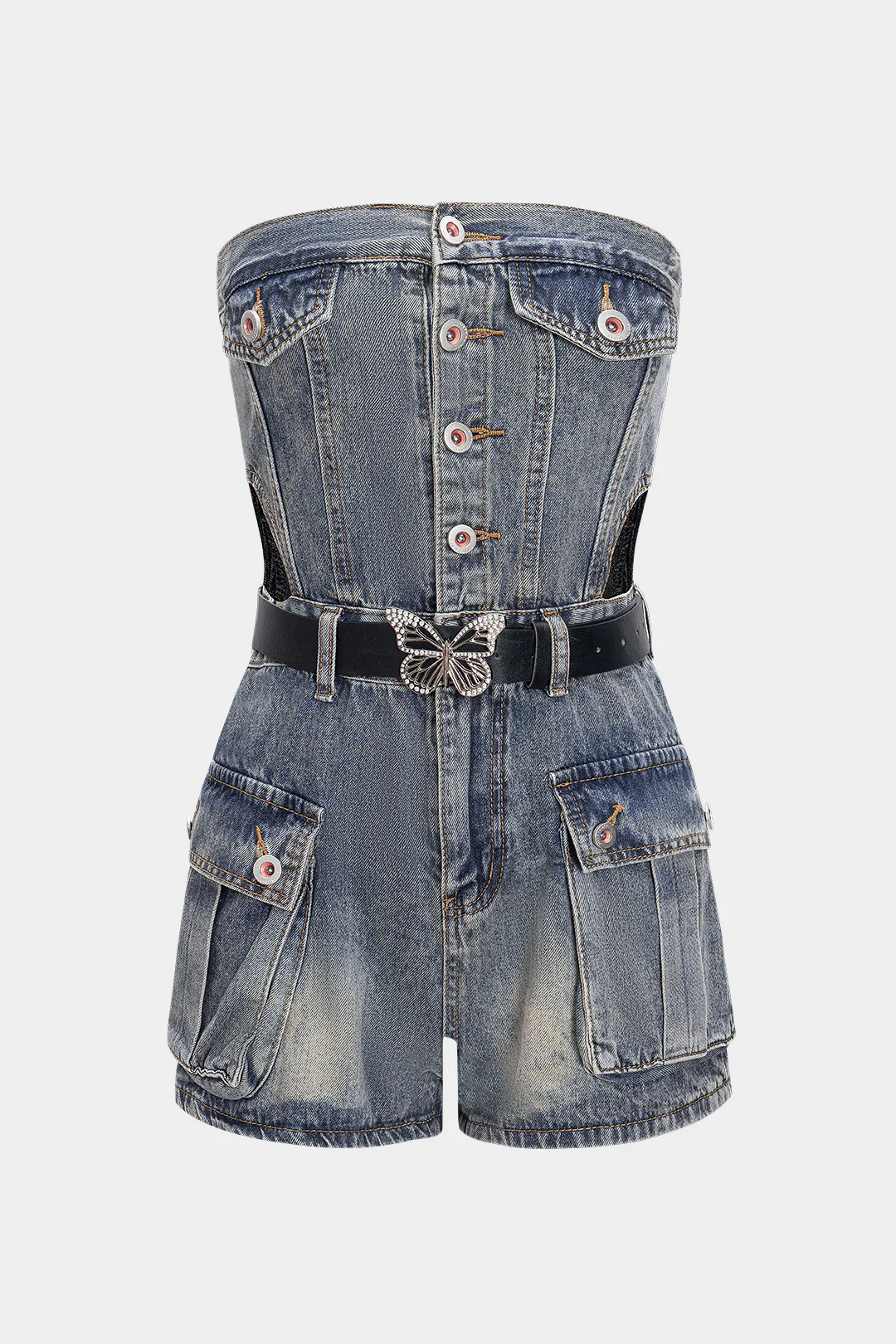 Denim Cut Out Belted Strapless Sleeveless Jumpsuit - Flockneti