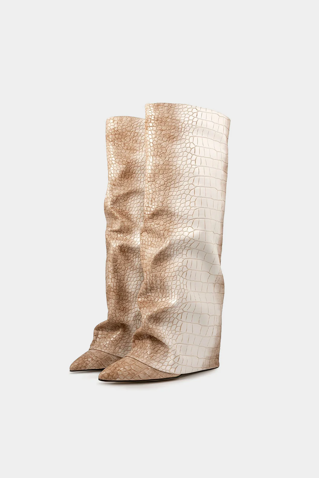 Ombre Crocodile Skin Leather Ruched Zipper Pointed Mid Calf Boots - Flockneti