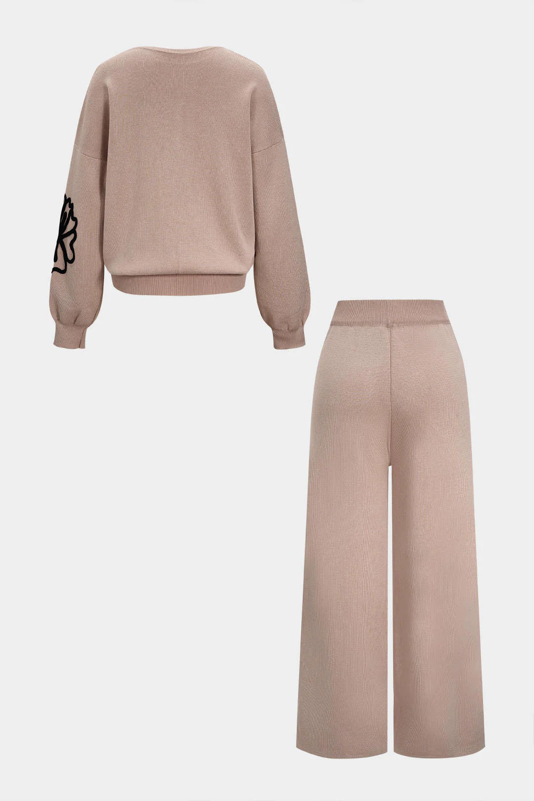 Knit Round Neck Embroidery Long-Sleeve Top And Wide Leg Pants Set - Flockneti