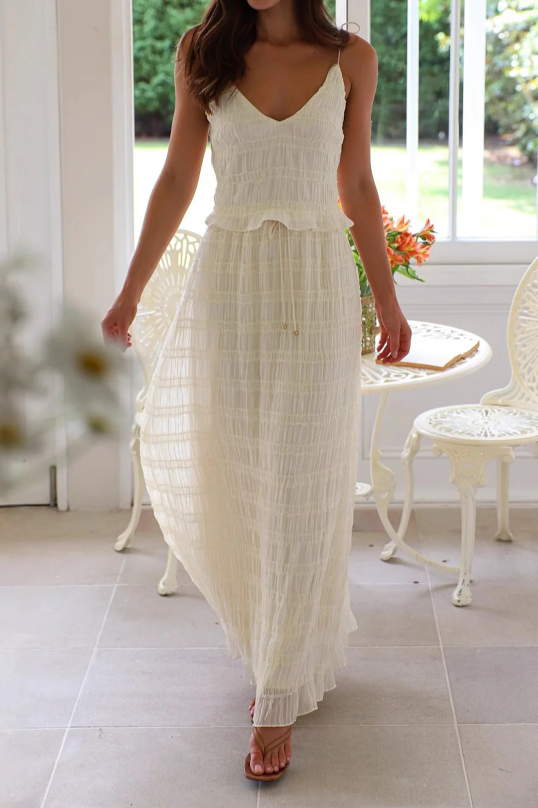 Chiffon Lace Trim Ruched Cami Top And Drawstring Long Skirt Set - Flockneti