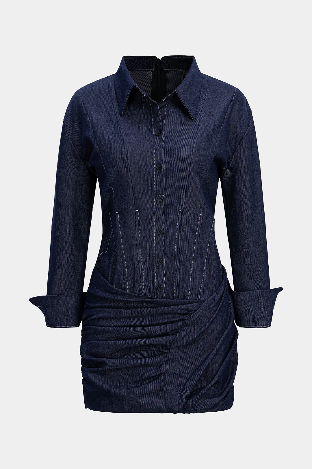 Denim Ruched Asymmetrical Long Sleeve Dress - Flockneti