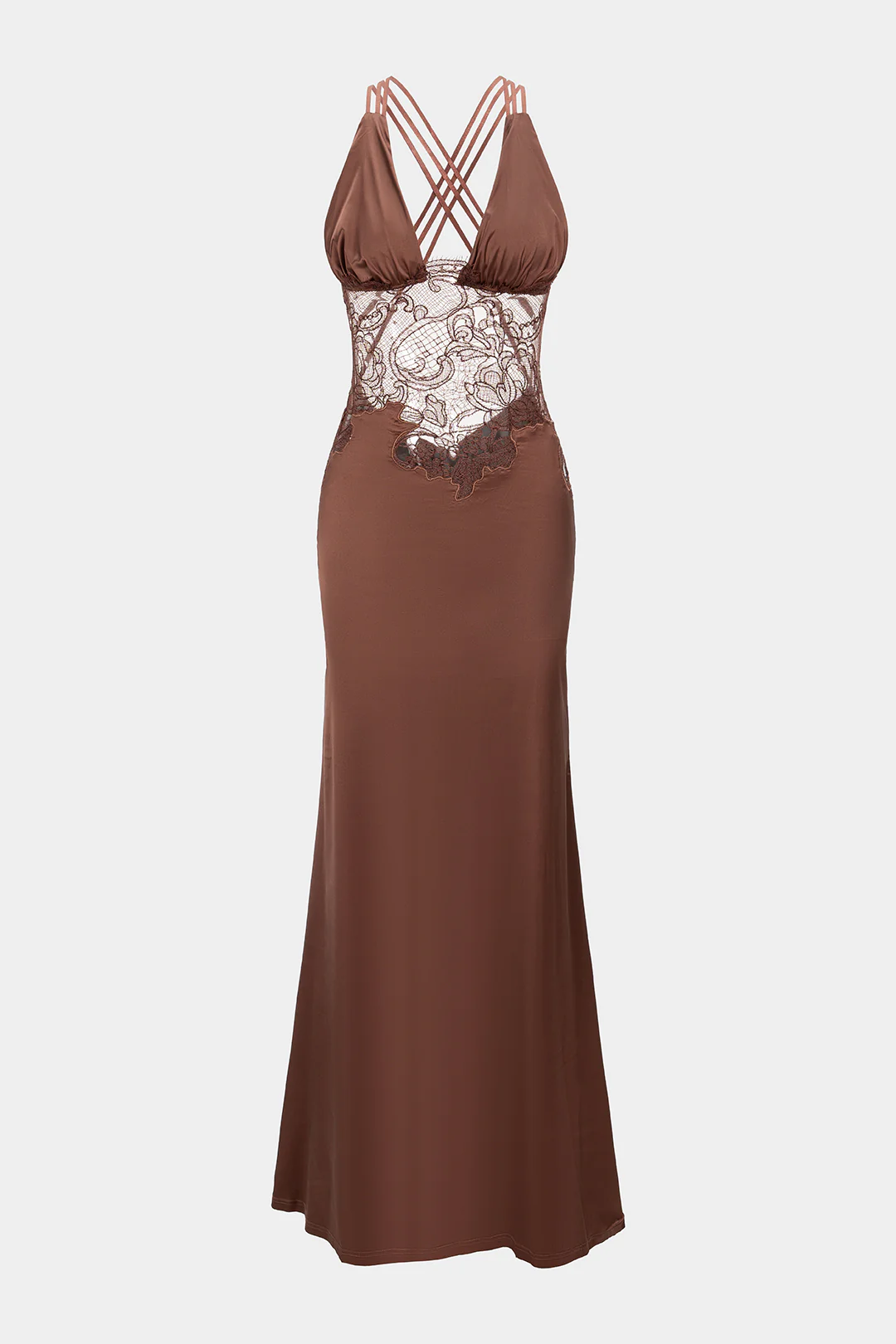Stain Patchwork Sheer Lace V-Neck Crosssed Backless Maxi Dress - Flockneti
