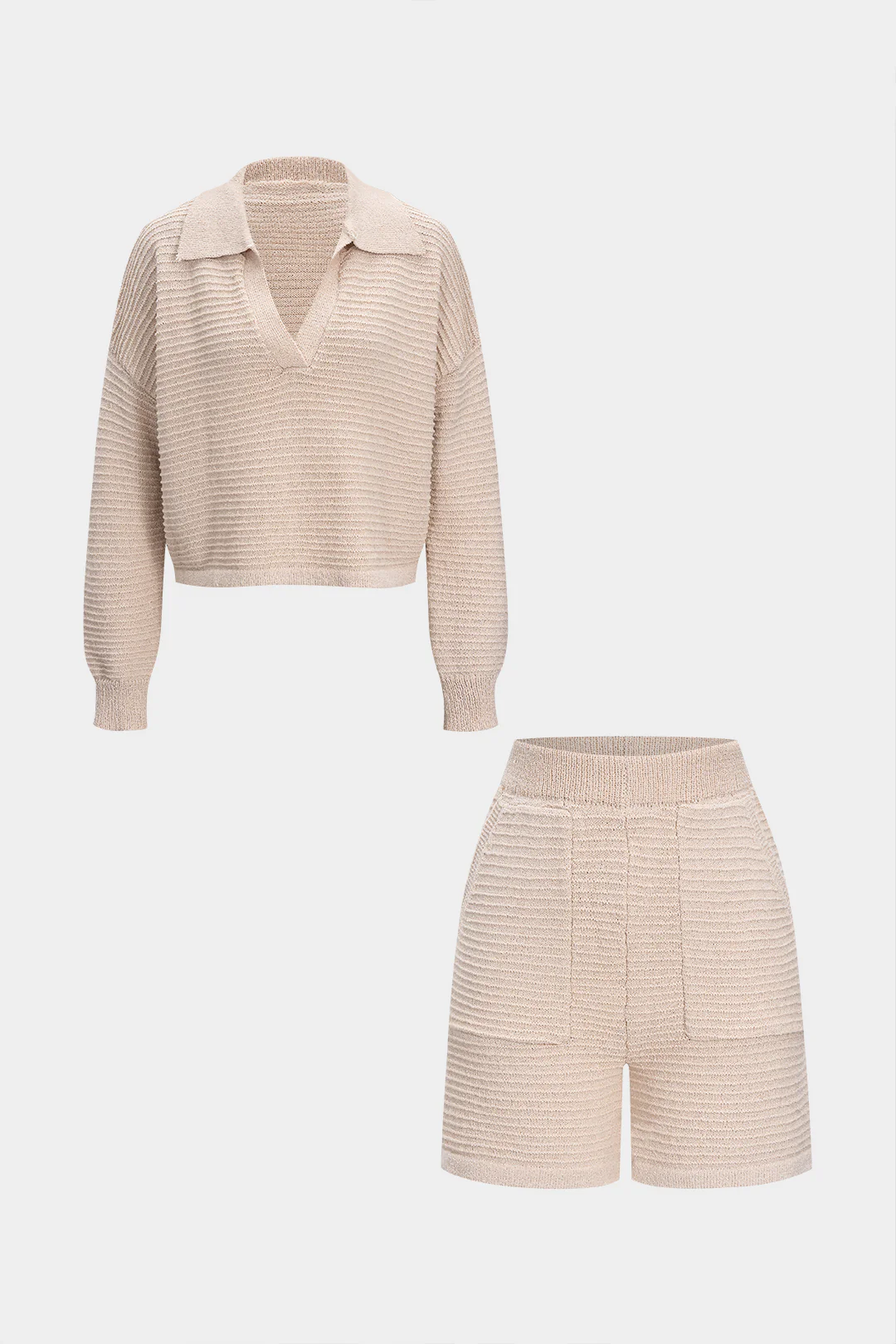 Knit Texture Long-Sleeve Top And Pocket Shorts Set - Flockneti
