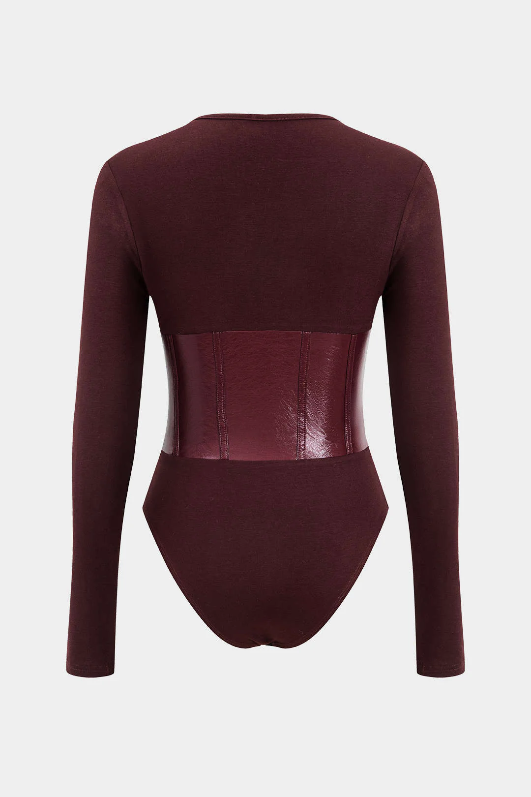 Patchwork Faux Leather Long Sleeve Bodysuit - Flockneti