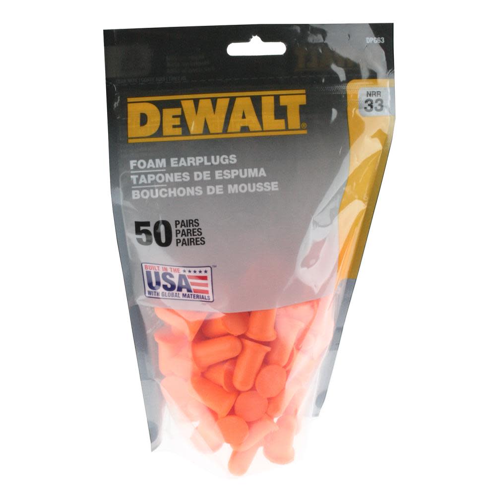 DEWALT Bell Shape Disposable Foam Earplugs Bag of 50 Pairs - Flockneti