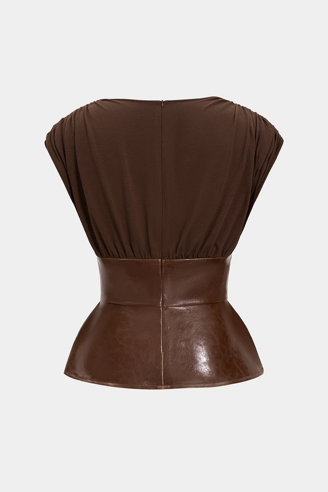 Faux Leather Patchwork Ruched Zipper Short-Sleeve Top - Flockneti