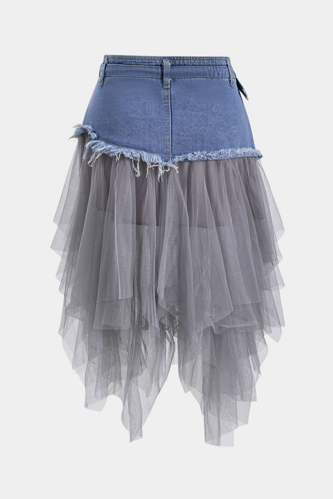 Denim Mesh Patchwork Belted Button Pocket Skirt - Flockneti