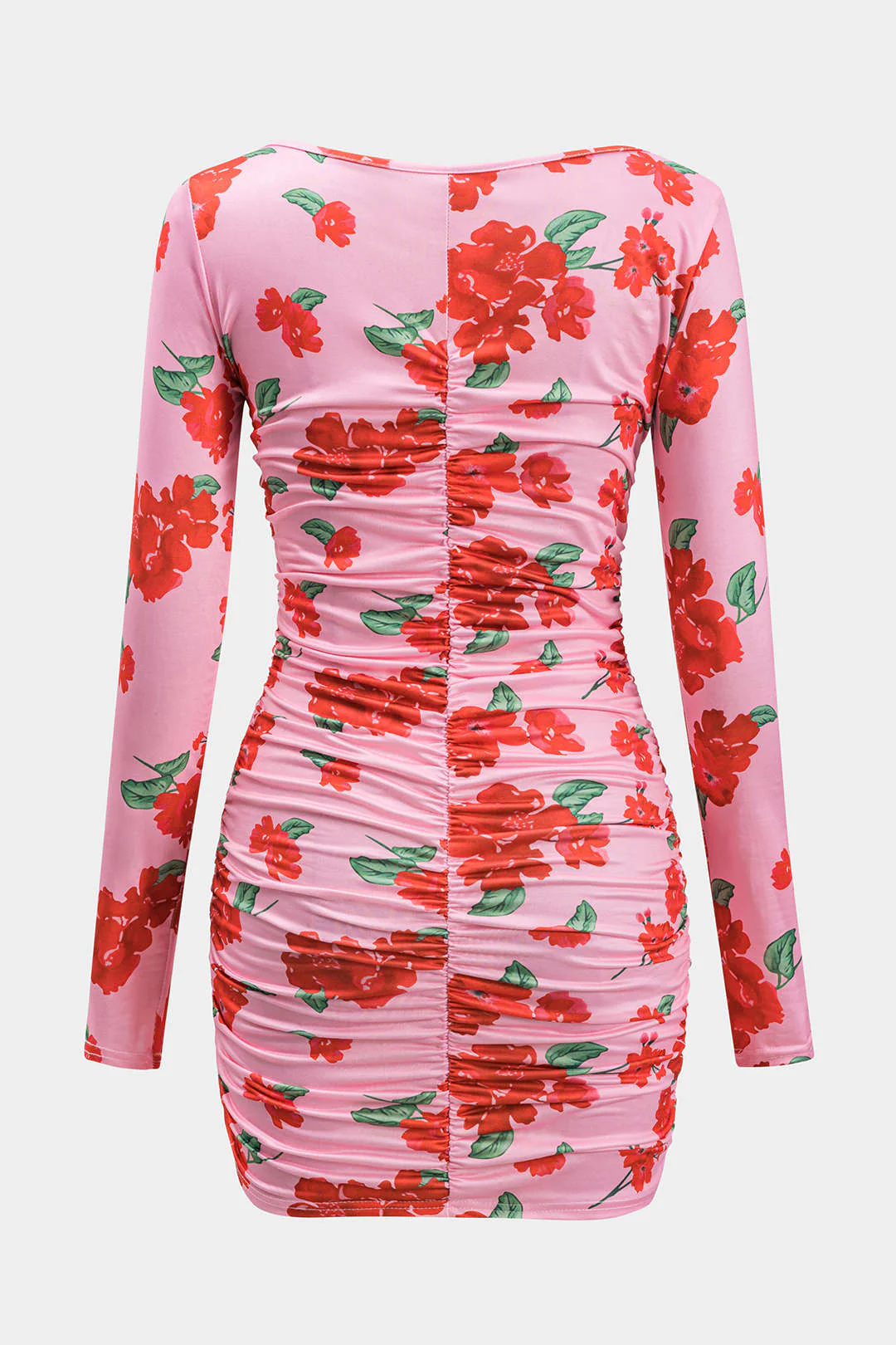 Floral Print Square Neck Ruched Long Sleeve Mini Dress - Flockneti