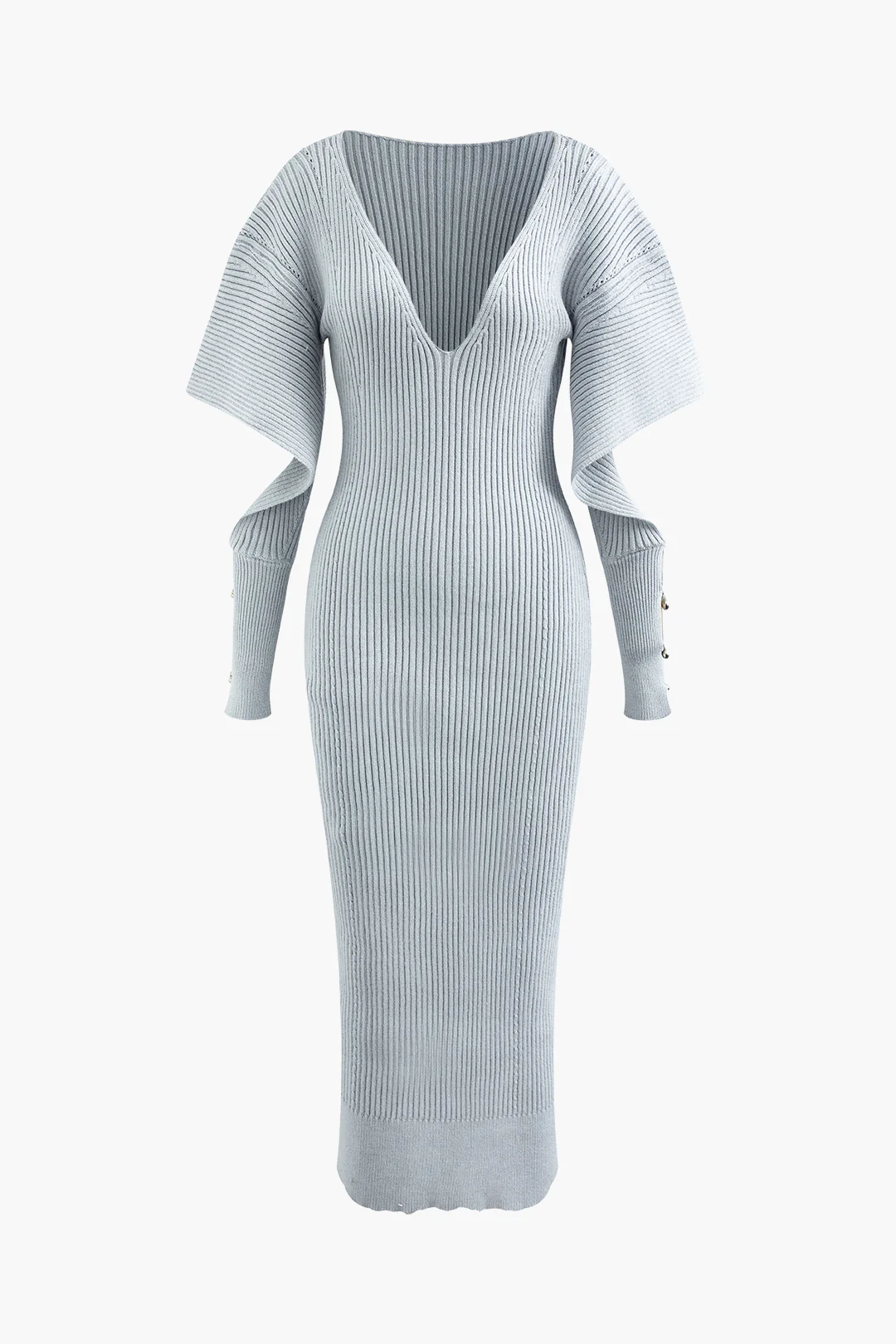 Knit Ribbed Button Cut Out Long Sleeve Dress - Flockneti
