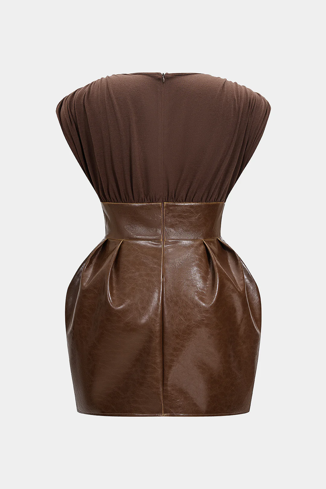 Plus Size Faux Leather Patchwork V-Neck Ruched Sleeveless Mini Dress - Flockneti