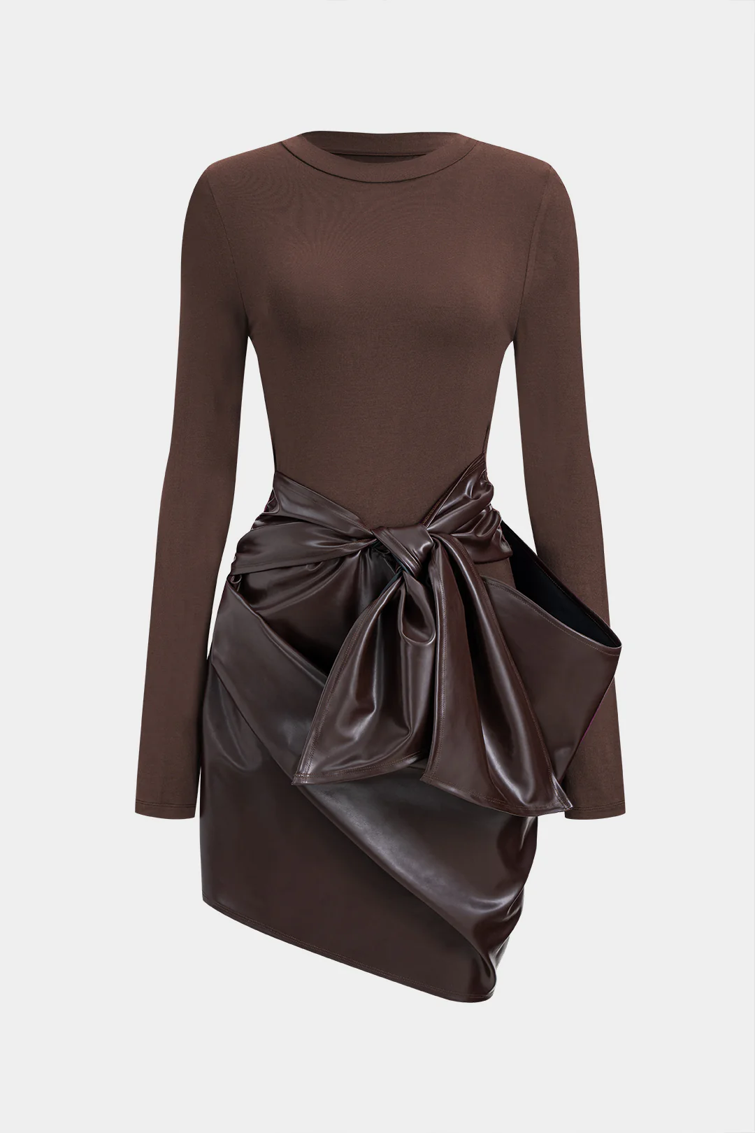Faux Leather Patchwork Round Neck Tie Up Long Sleeve Midi Dress - Flockneti