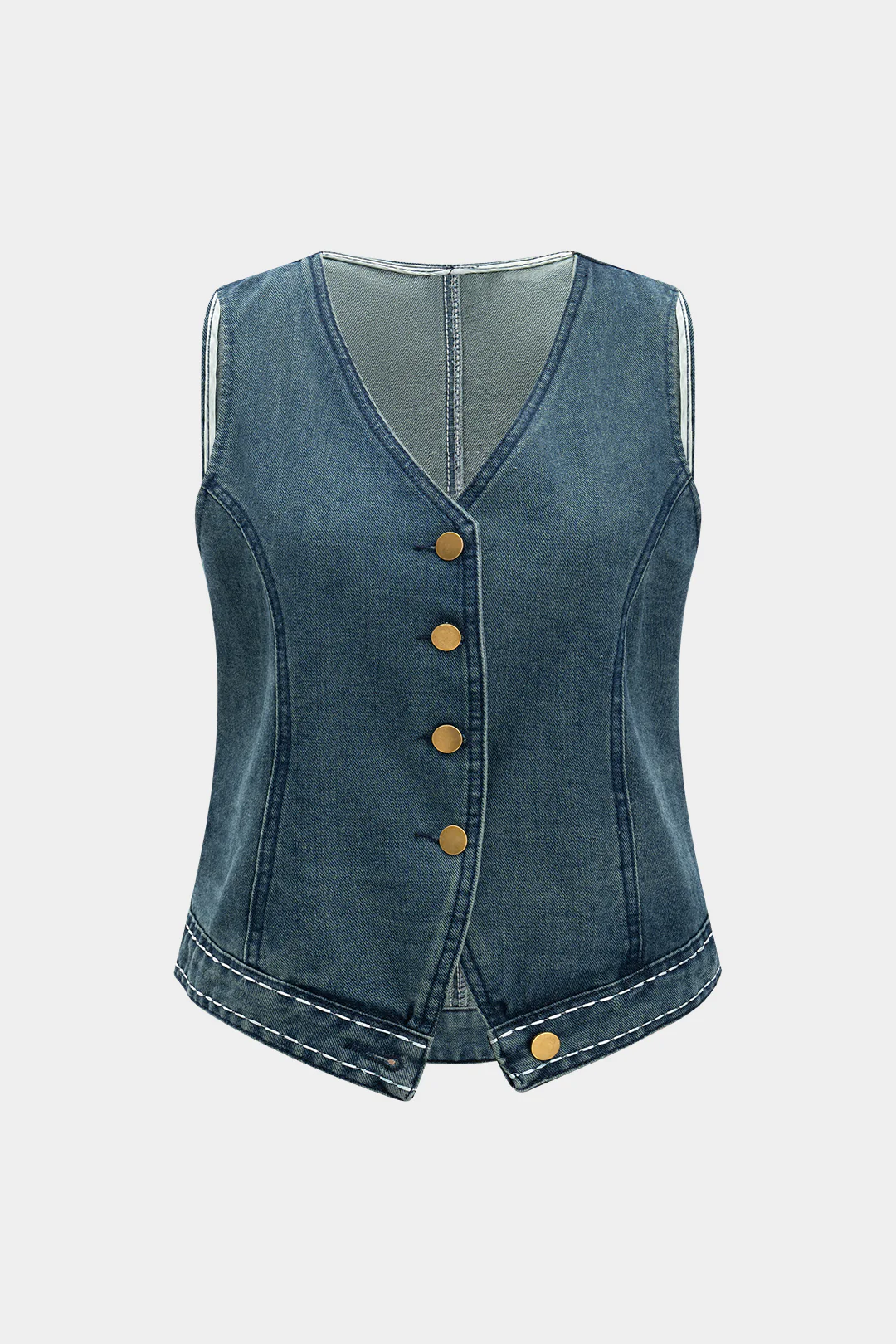 Denim V-Neck Sleeveless Metallic Button Vest - Flockneti