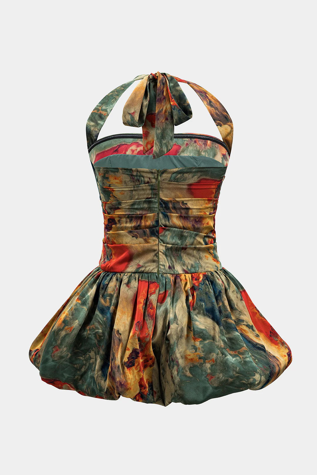 Watercolor Print Satin Ruched Backless Zipper Tie Up Mini Dress - Flockneti