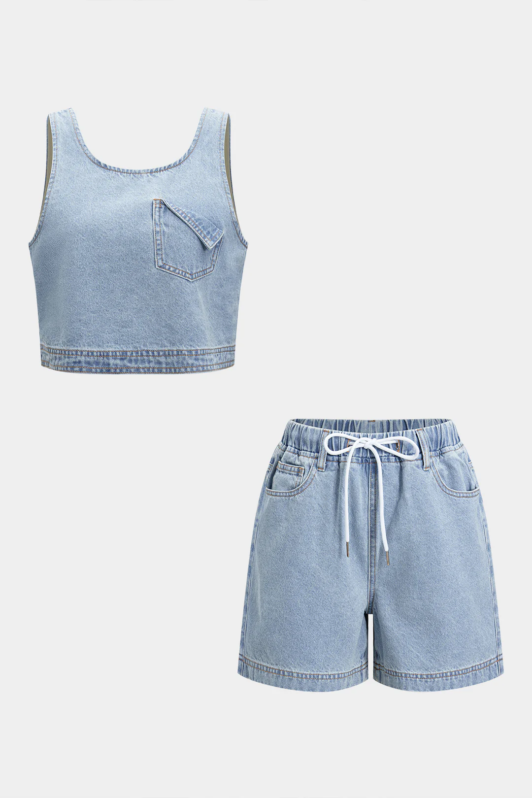 Denim Pocket Tank Top And Drawstring Shorts Set - Flockneti