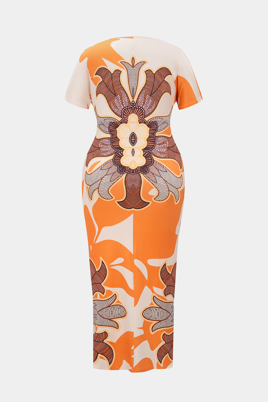 Plus Size Bohemian Print Ruched V-Neck Short Sleeve Slit Midi Dress - Flockneti
