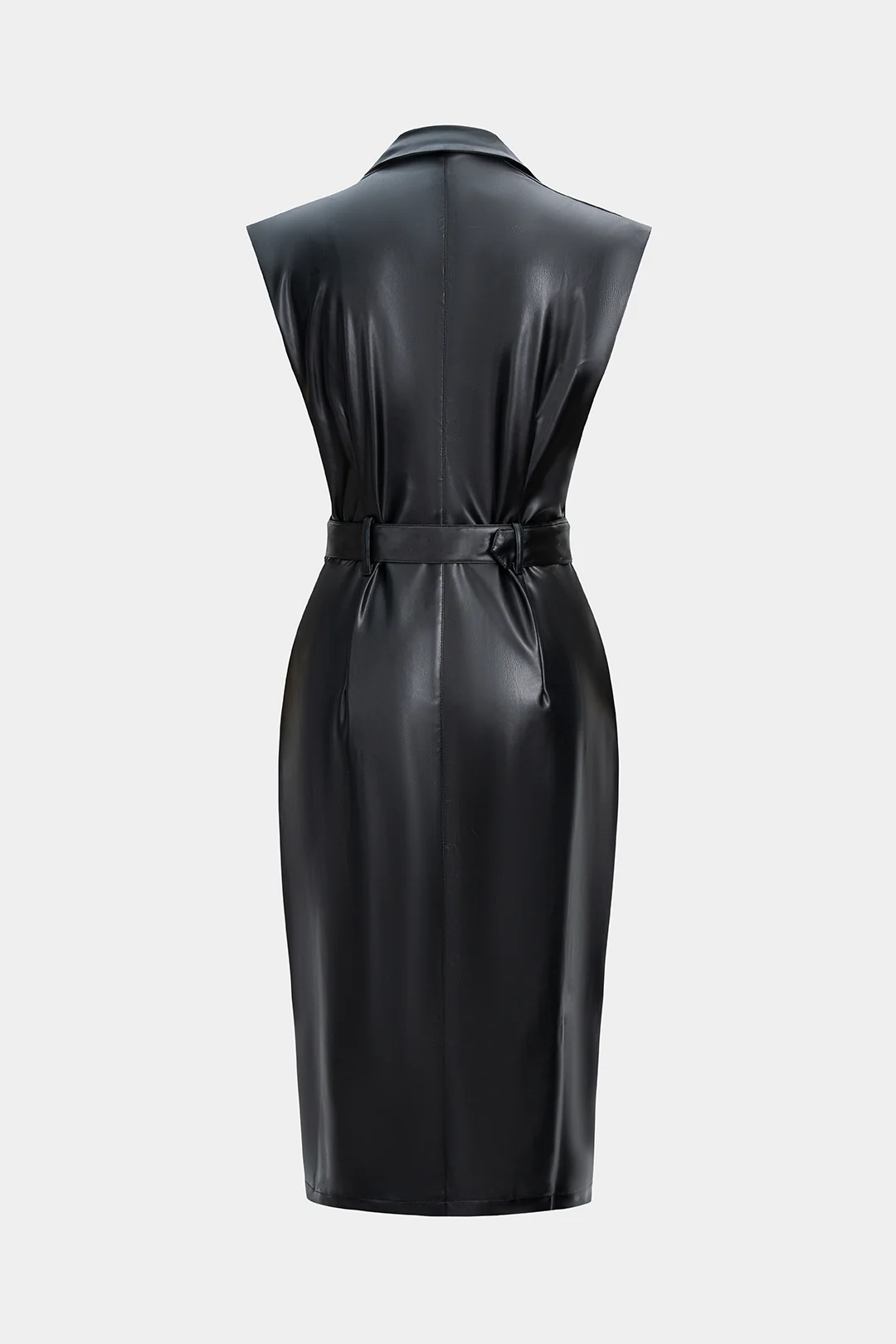 Faux Leather Button Belted Sleeveless Midi Dress - Flockneti
