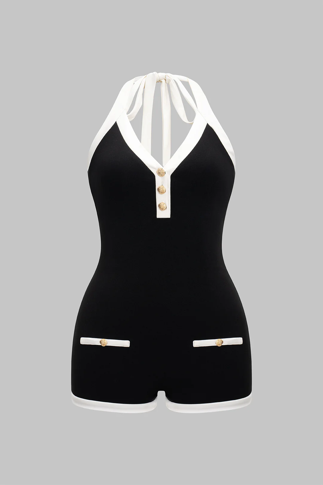 Plus Size Contrast Halter Tie-Up Backless Sleeveless Romper - Flockneti