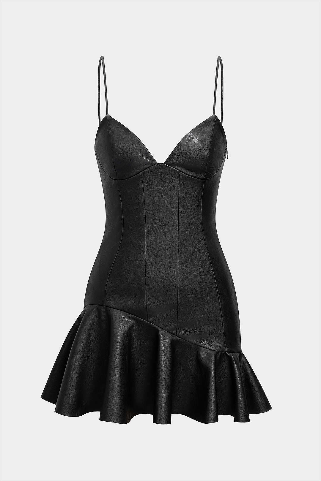 Faux Leather Asymmetrical Ruffle Hem Slip Sleeveless Mini Dress - Flockneti