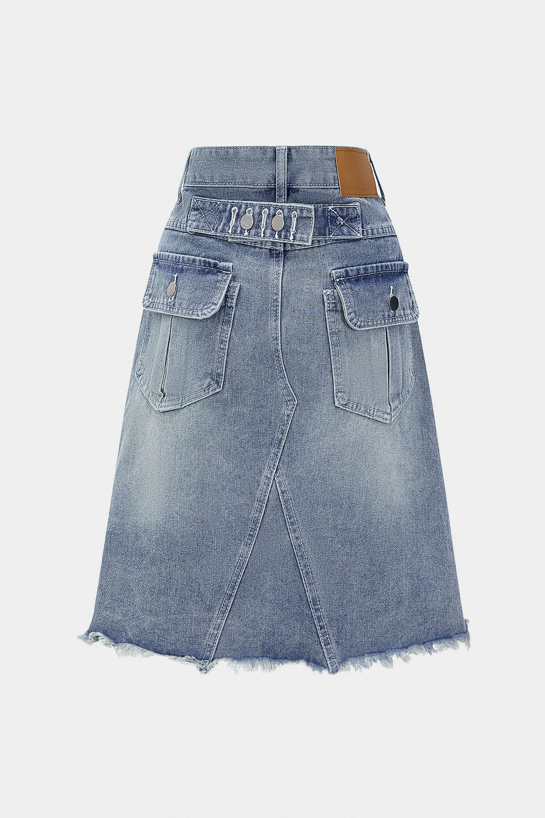 Denim High Waist Belted Frayed Skirt - Flockneti