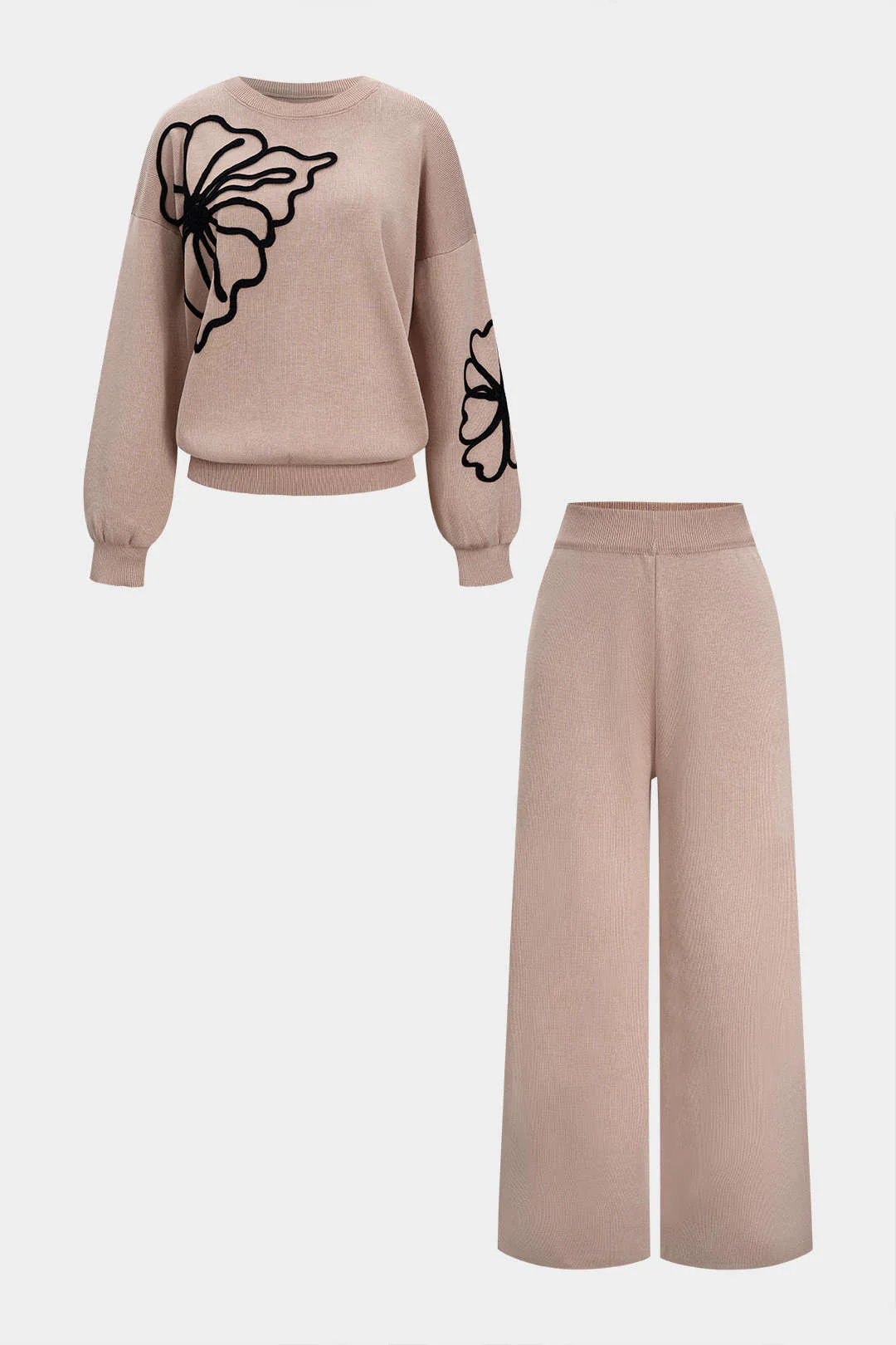 Knit Round Neck Embroidery Long-Sleeve Top And Wide Leg Pants Set - Flockneti