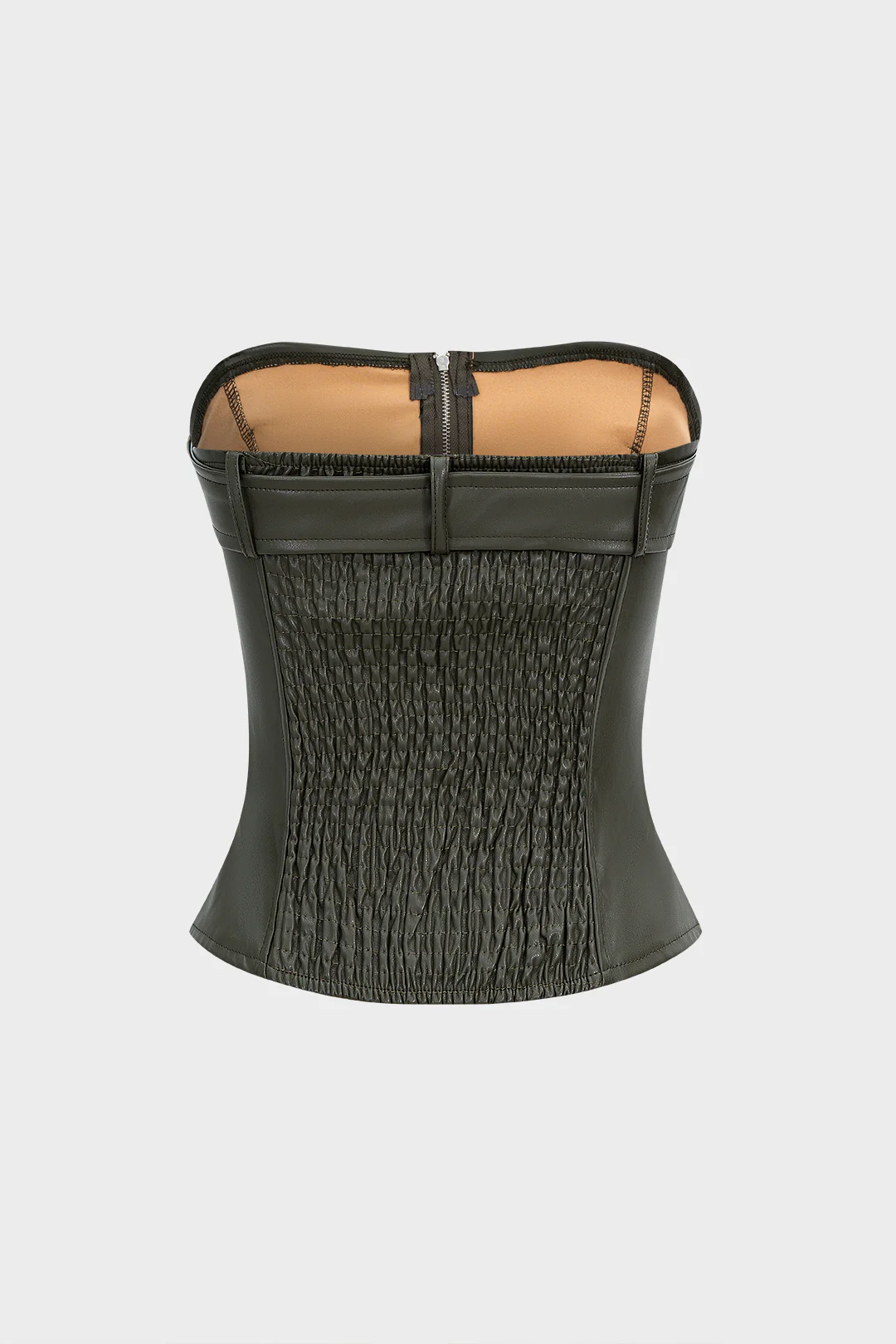 Faux Leather Smocked Strapless Belted Zipper Tube Top - Flockneti