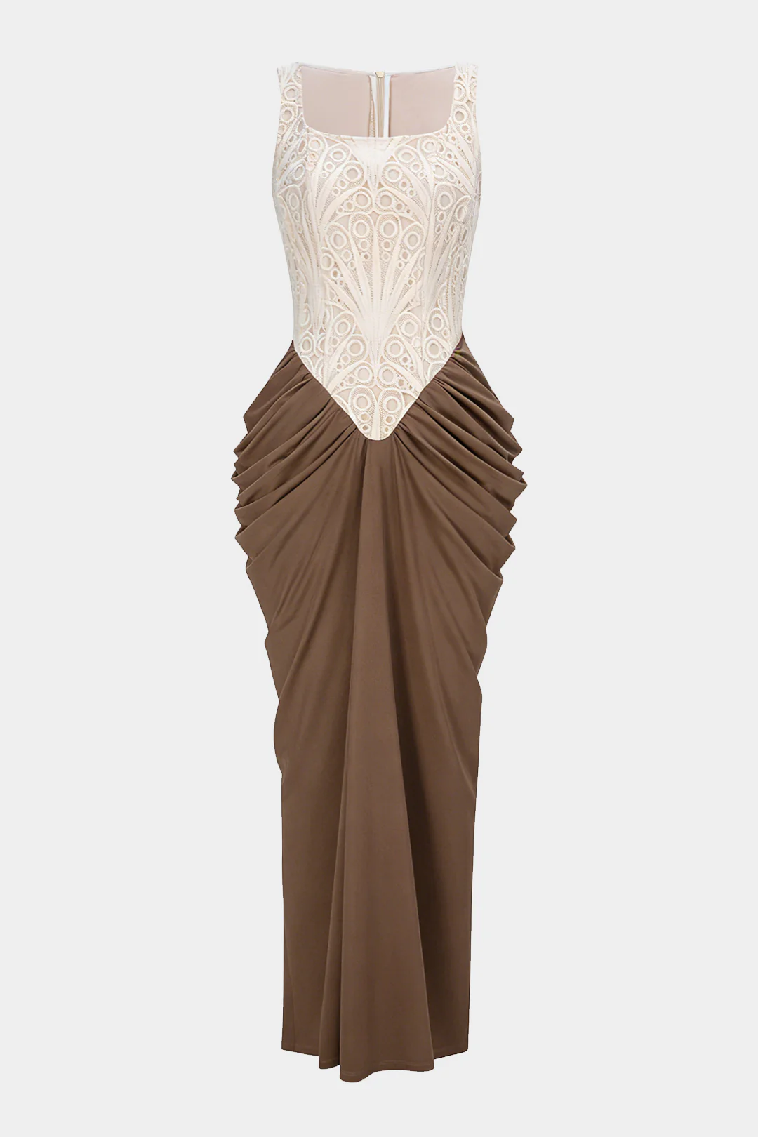 Embroidery Patchwork Square Neck Ruched Sleeveless Maxi Dress - Flockneti