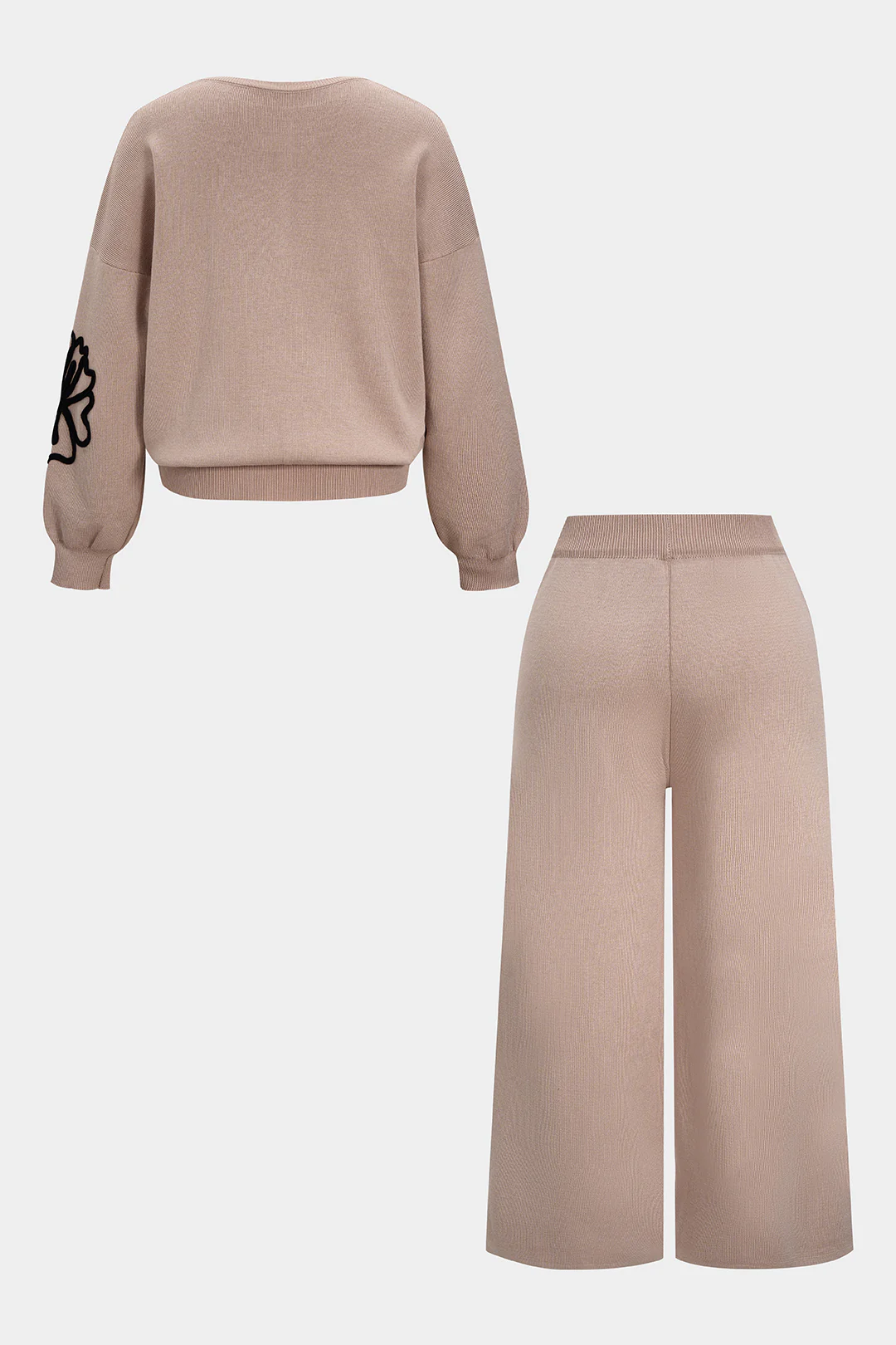 Plus Size Knit Round Neck Embroidery Long-Sleeve Top And Wide Leg Pants Set - Flockneti