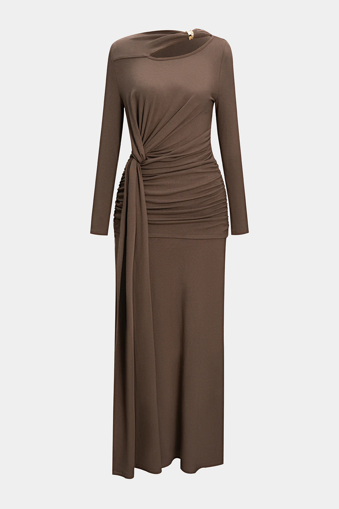 Metallic Ruched Asymmetrical Neck Long Sleeve Maxi Dress - Flockneti