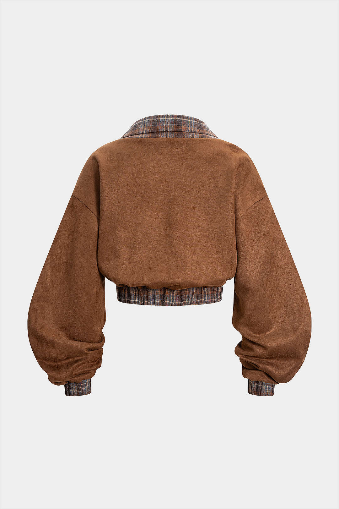 Plaid Print Suede Patchwork Button Shirred Waistband Sweatshirt - Flockneti