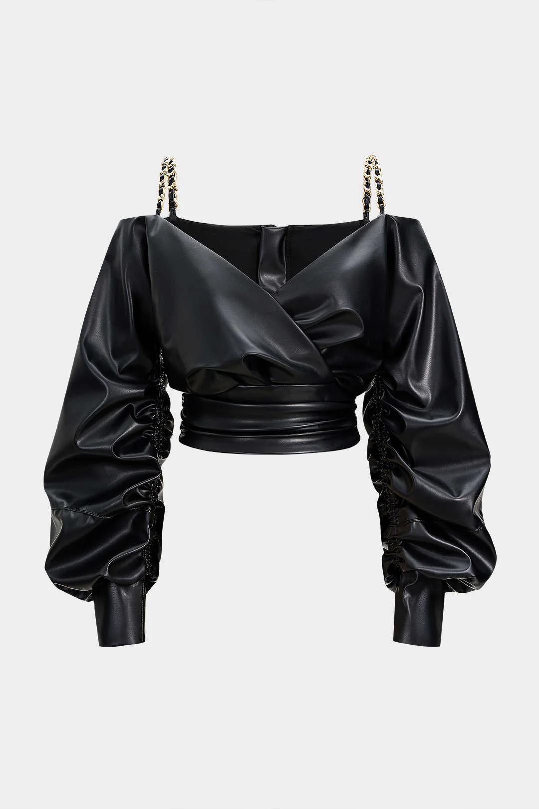 Faux Leather Metallic Crossed Long-Sleeve Shirt - Flockneti