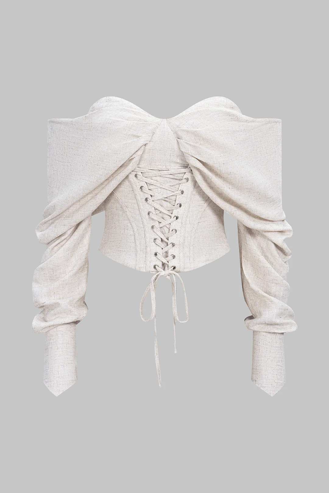 Linen Off-Shoulder Tie Front Corset Runched Long-Sleeve Shirt - Flockneti