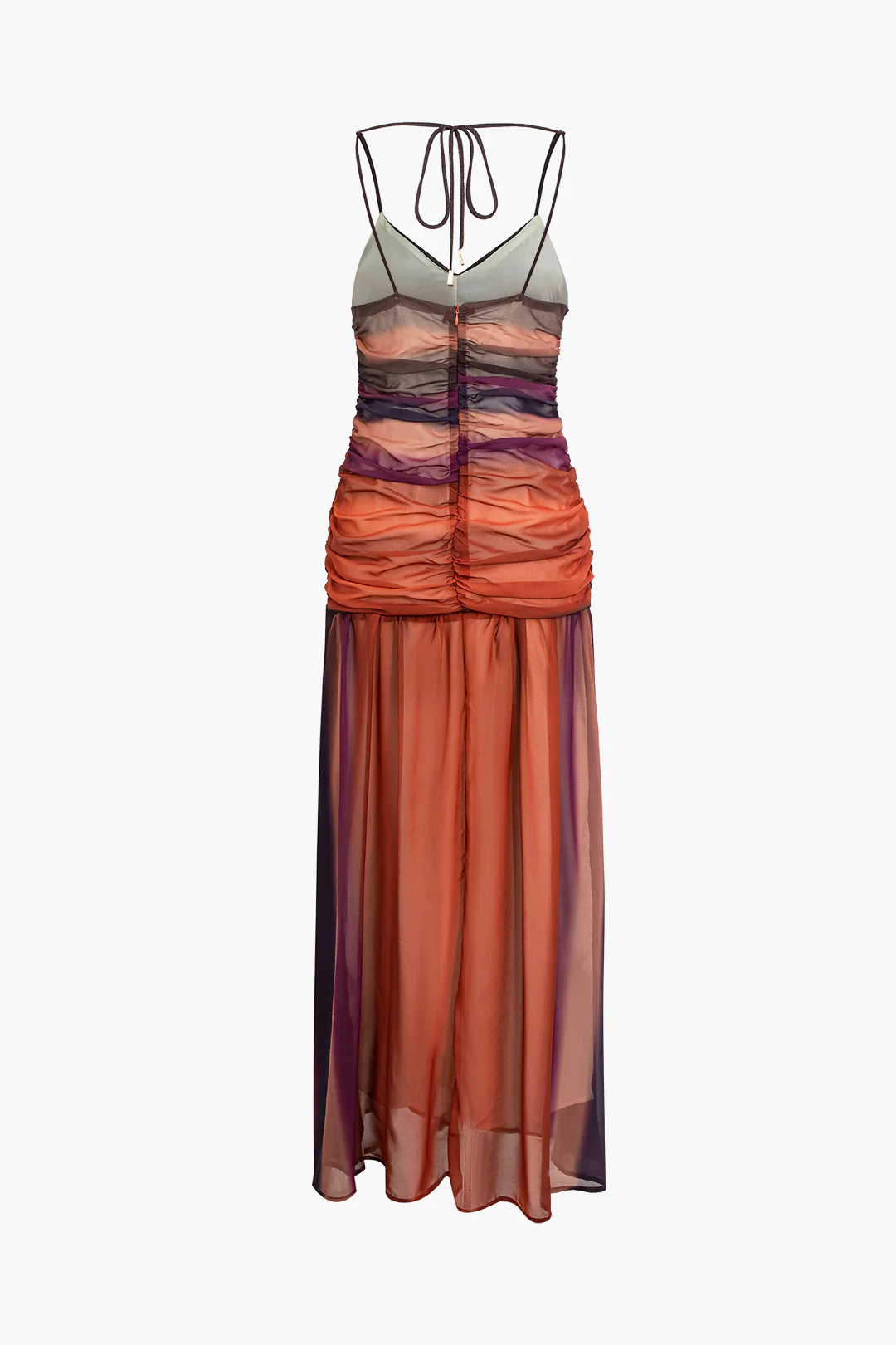 Ombre Print Ruched Backless Tie Up Sleeveless Maxi Dress - Flockneti