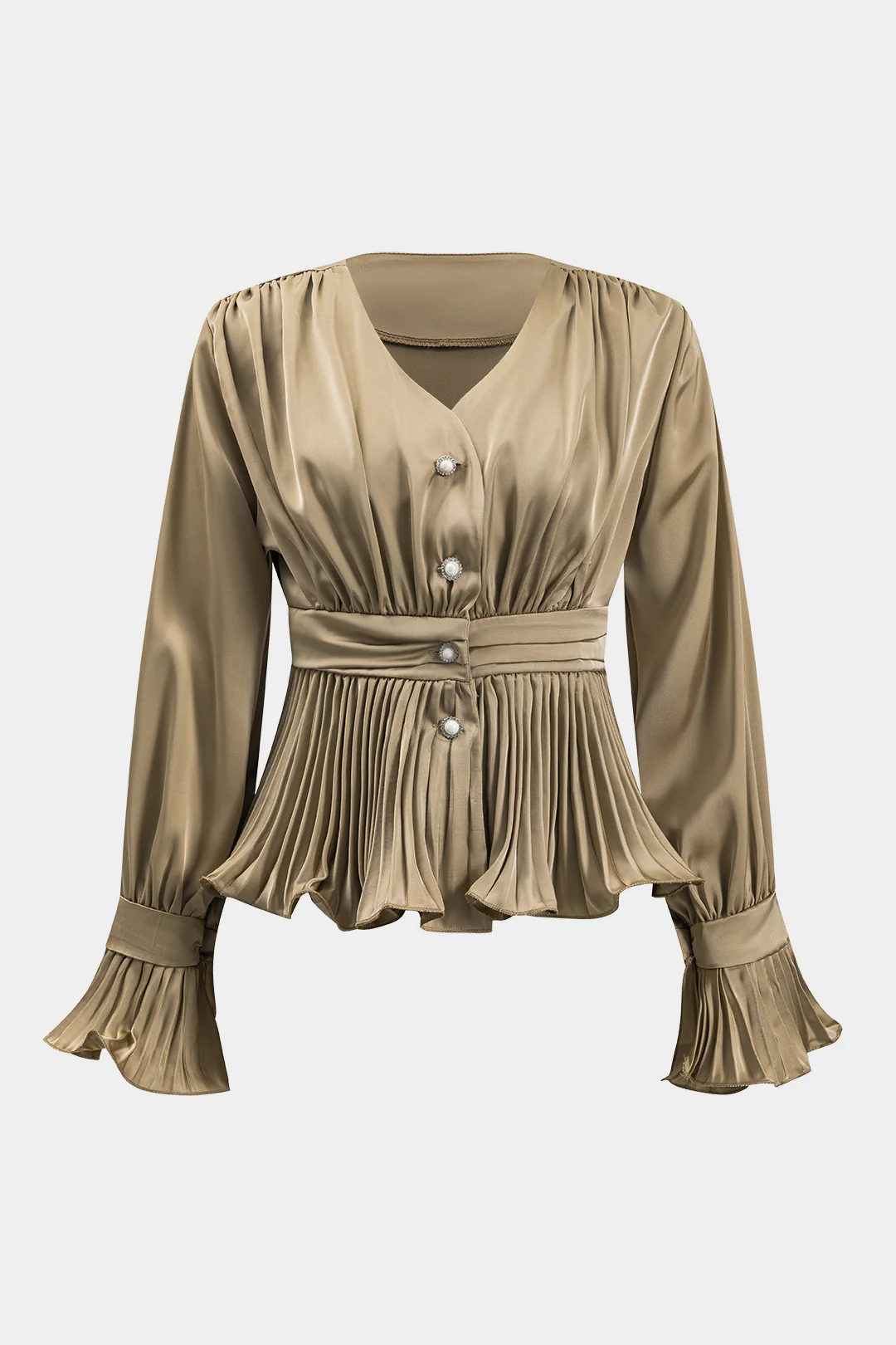 Satin Ruffle Ruched Button Long-Sleeve Shirt - Flockneti