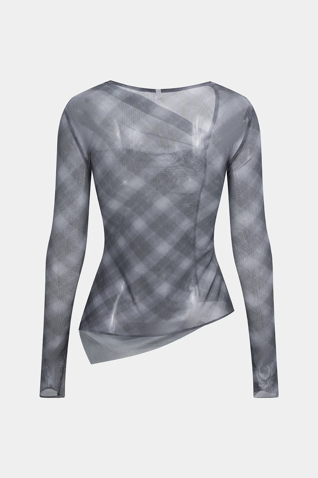 Plaid Print Sheer Mesh Asymmetrical Ruched Top - Flockneti