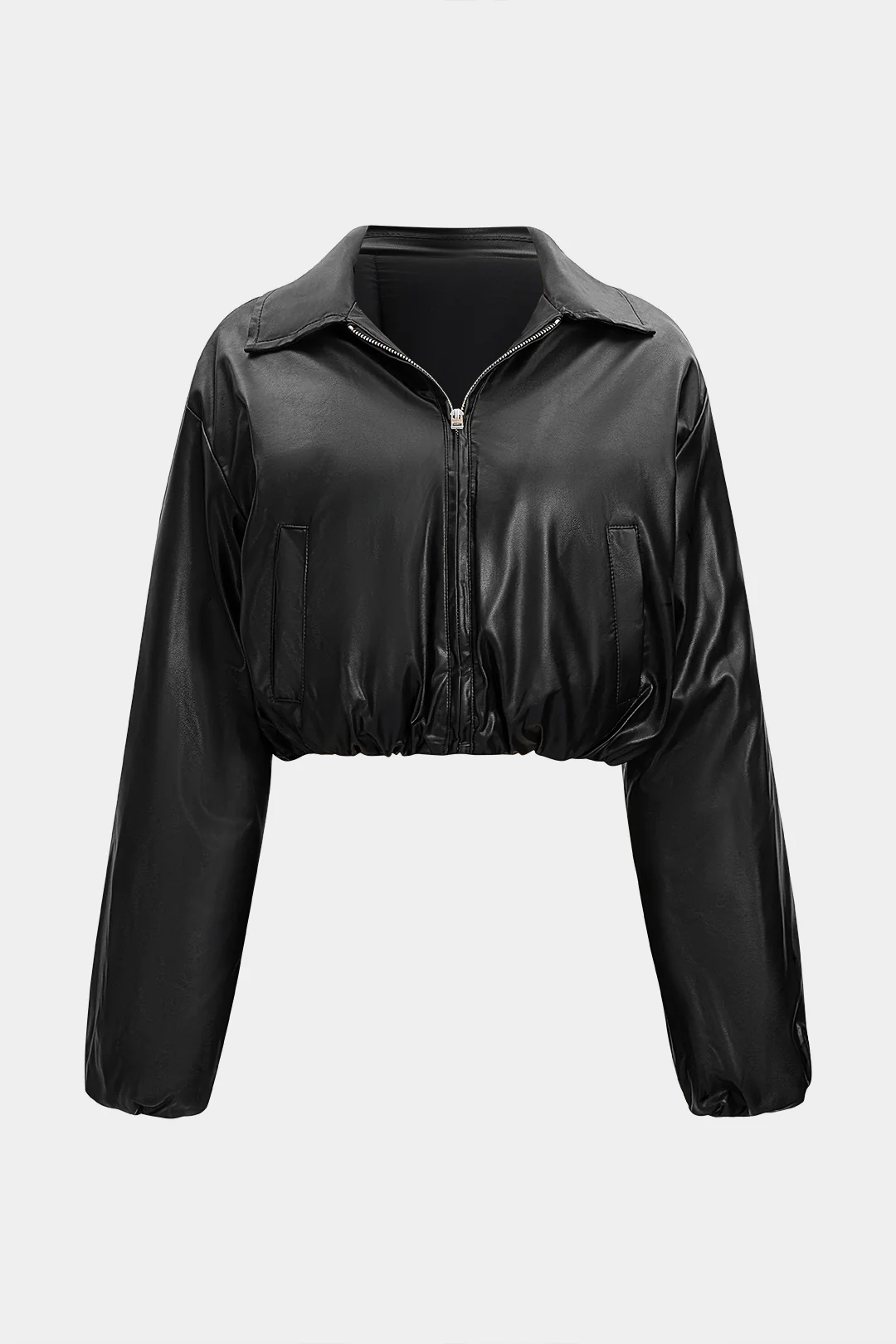 Faux Leather Ruched Zipper Pocket Cropped Puffer - Flockneti