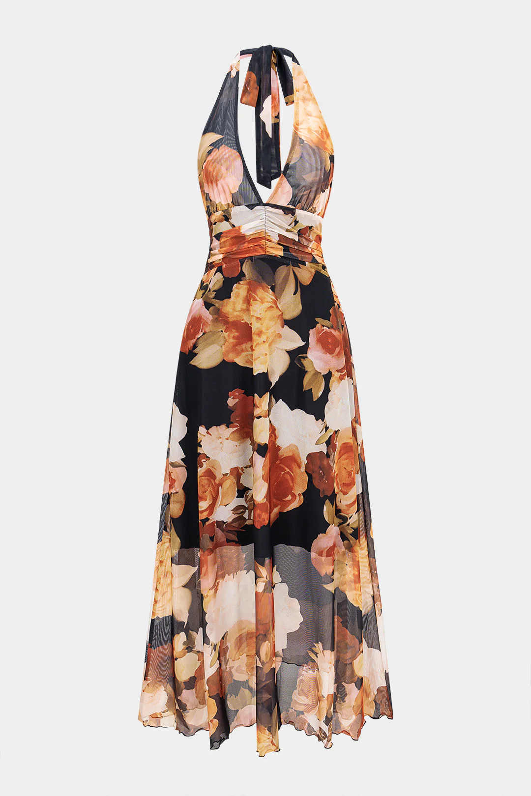 Floral Print Mesh Halter V-Neck Tie Back Backless Sleeveless Maxi Dress - Flockneti