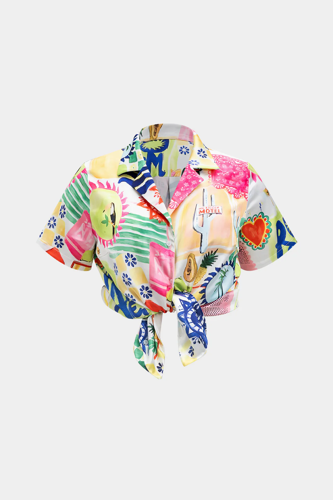 Plus Size Satin Pop Art Pattern V-Neck Short-Sleeve Shirt - Flockneti