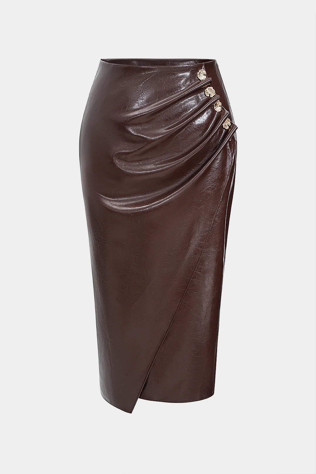 Plus Size Faux Leather Metallic Button Ruched Skirt - Flockneti