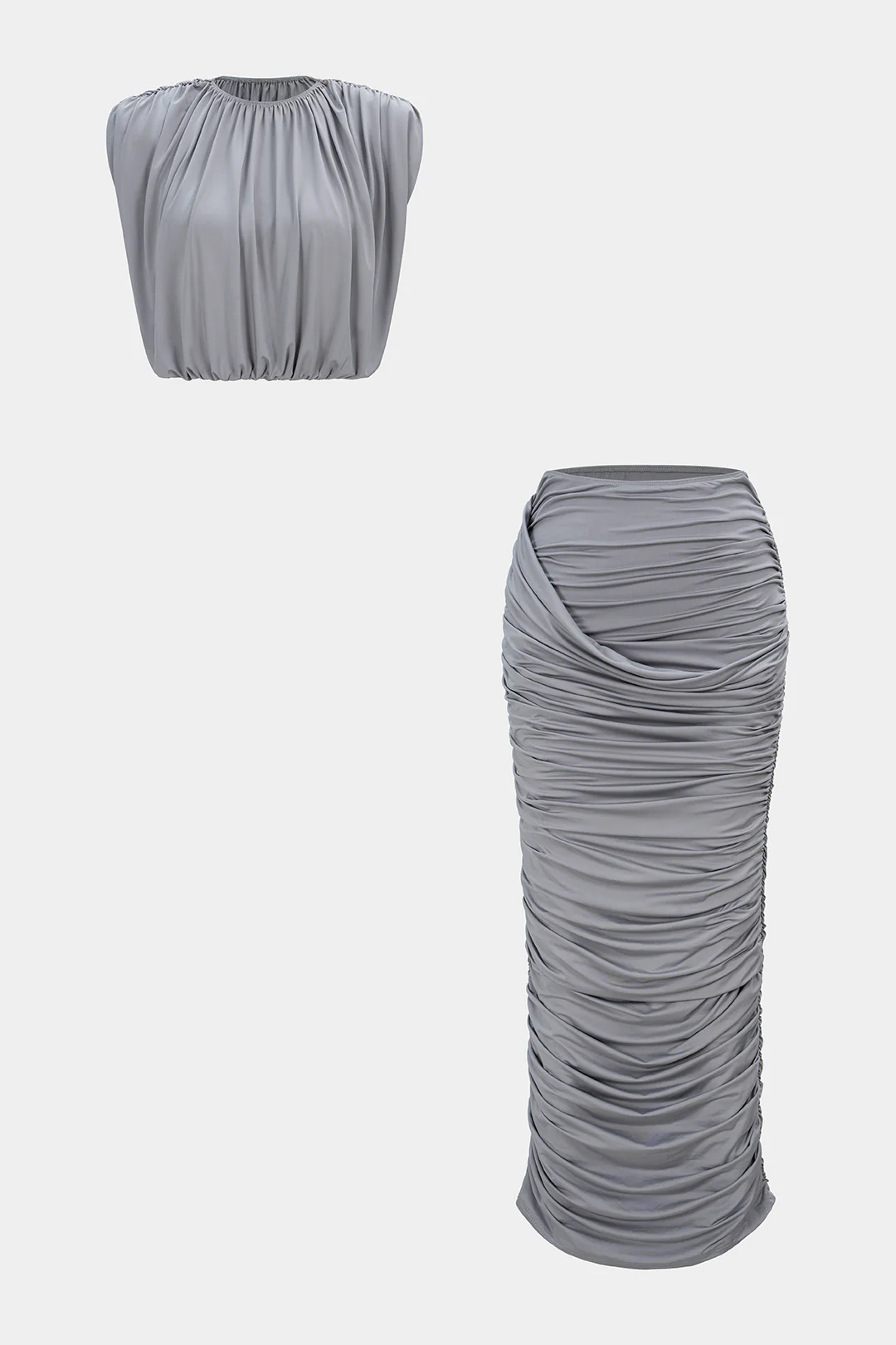 Ruched Round Neck Cropped Tank Top And High Waist Skirt Set - Flockneti