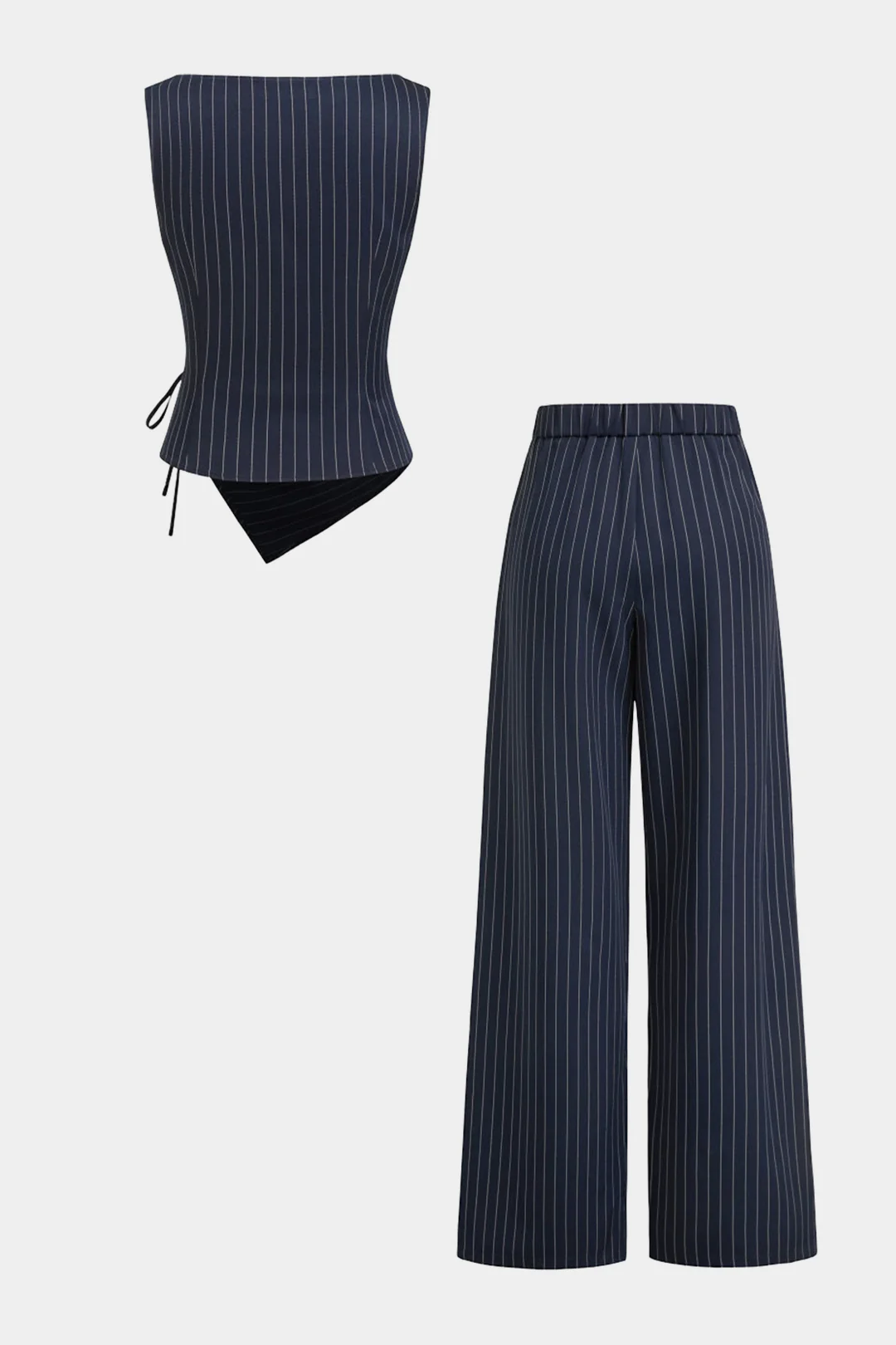 Stripes Asymmetrical Wrap Tie-Up Tank Top And Wide Leg Pants Set - Flockneti