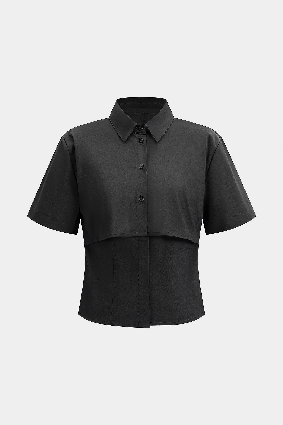 Solid Lapel Double Layer Button Short-Sleeve Shirt - Flockneti