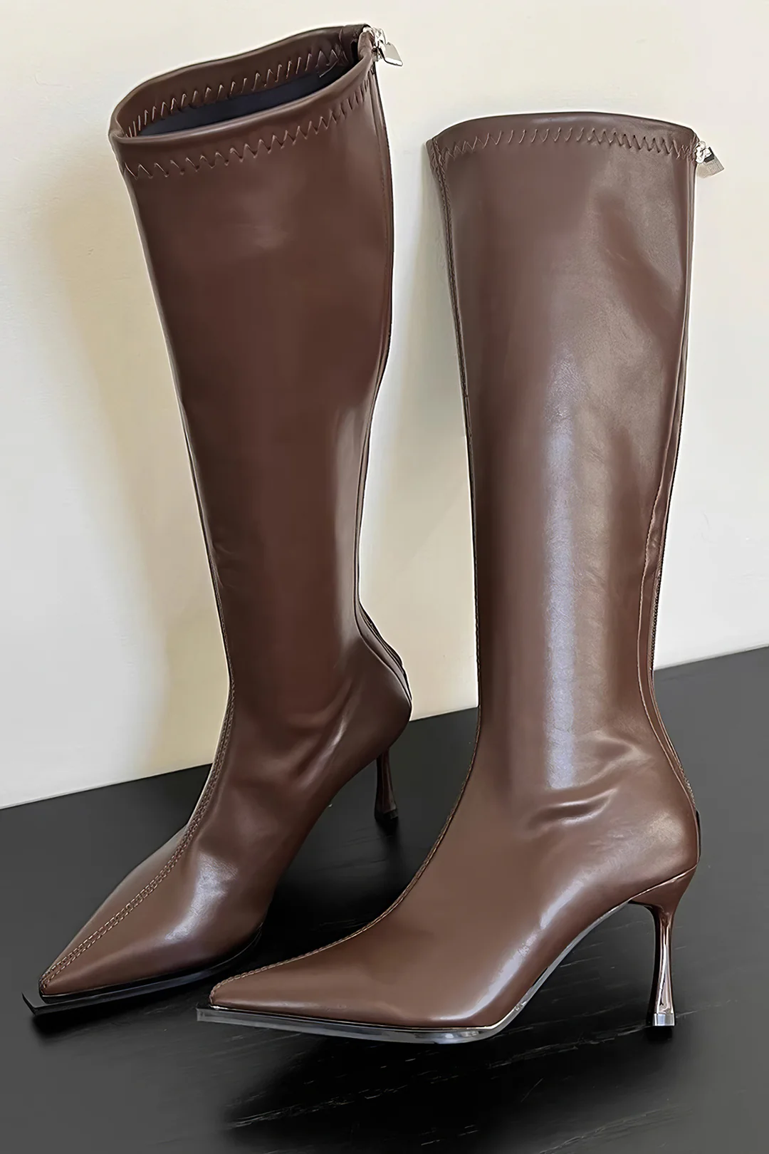 Leather Zipper Pointed Toe Knee High Boots - Flockneti