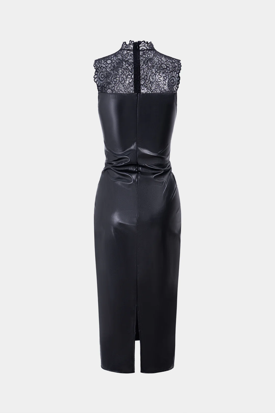 Faux Leather Patchwork Lace Ruched Sleeveless Midi Dress - Flockneti