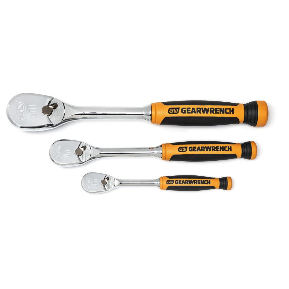 GEARWRENCH 3 Piece 1/4″ 3/8″ and 1/2″ 90 Tooth Dual Material Ratchet Set - Flockneti
