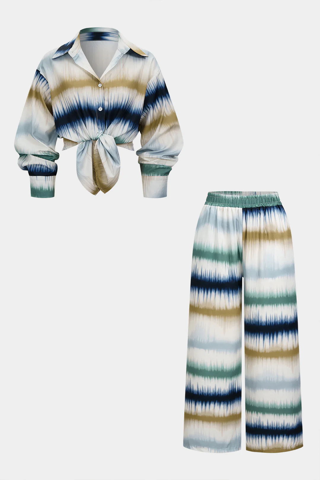 Plus Size Contrast Tie Dye Print Button Long Sleeve Shirt And Shirred Waistband Pants Set - Flockneti