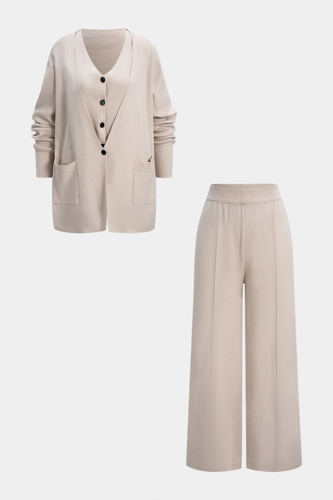 Knit Button Vest And Long Cardigan And Wide Leg Pants Set - Flockneti
