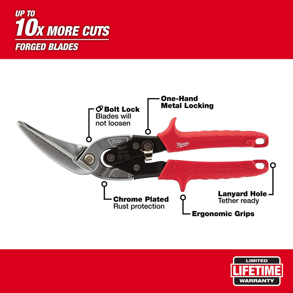 Milwaukee Long Cut Offset Left Aviation Snips - Flockneti