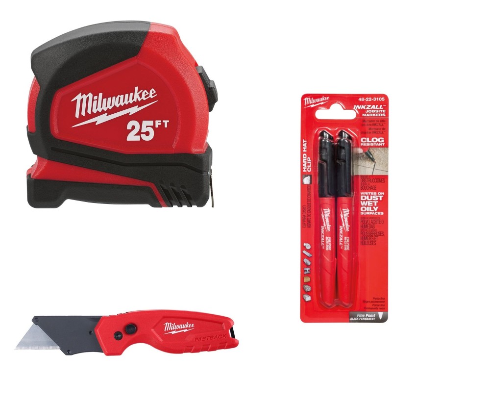 Milwaukee Tape Measure 25′ Utility Knife and INKZALL Marker 2pk Bundle - Flockneti