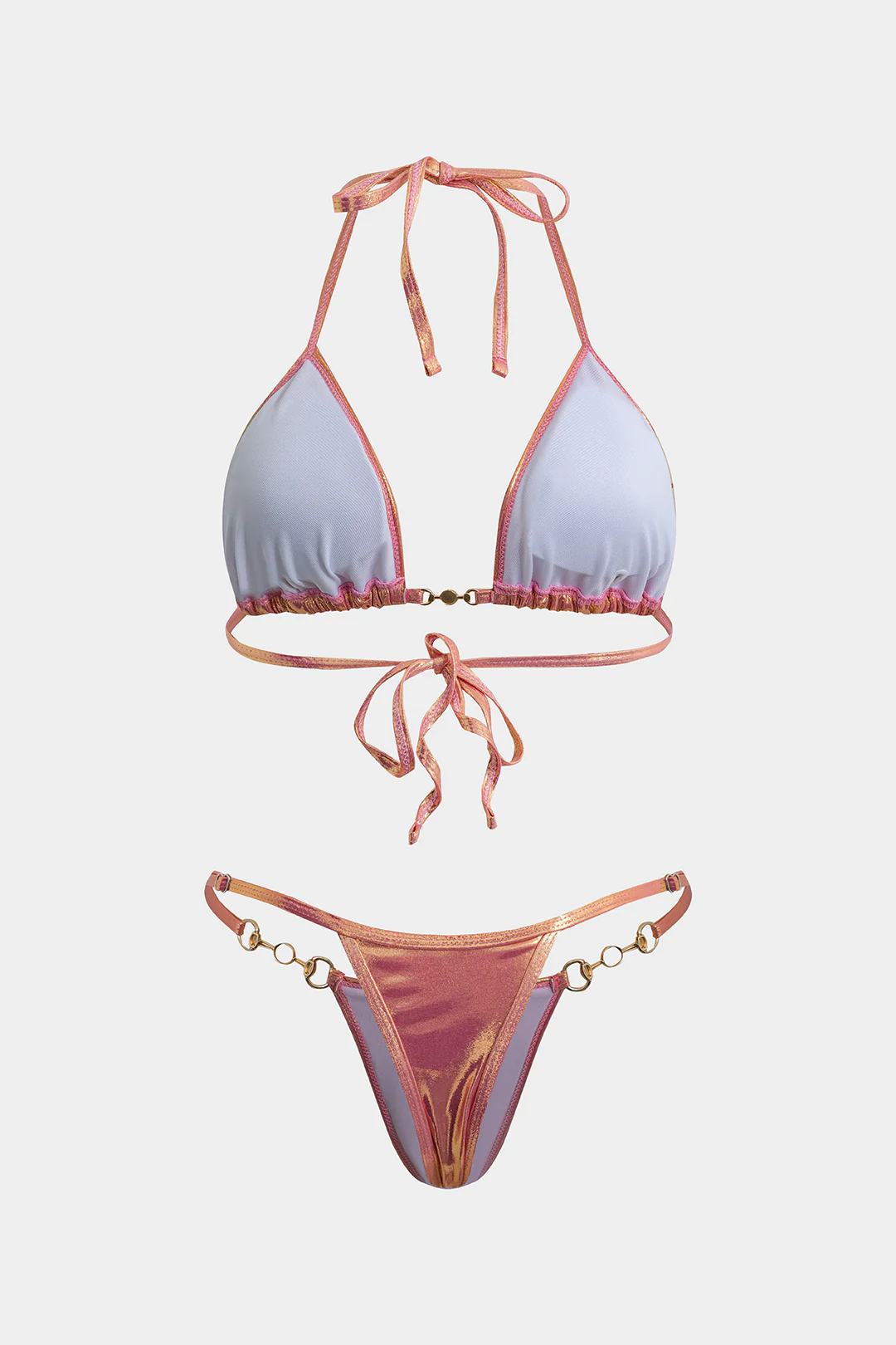 Halter Neck Tie-Up Pearl Chain Bikini Set - Flockneti