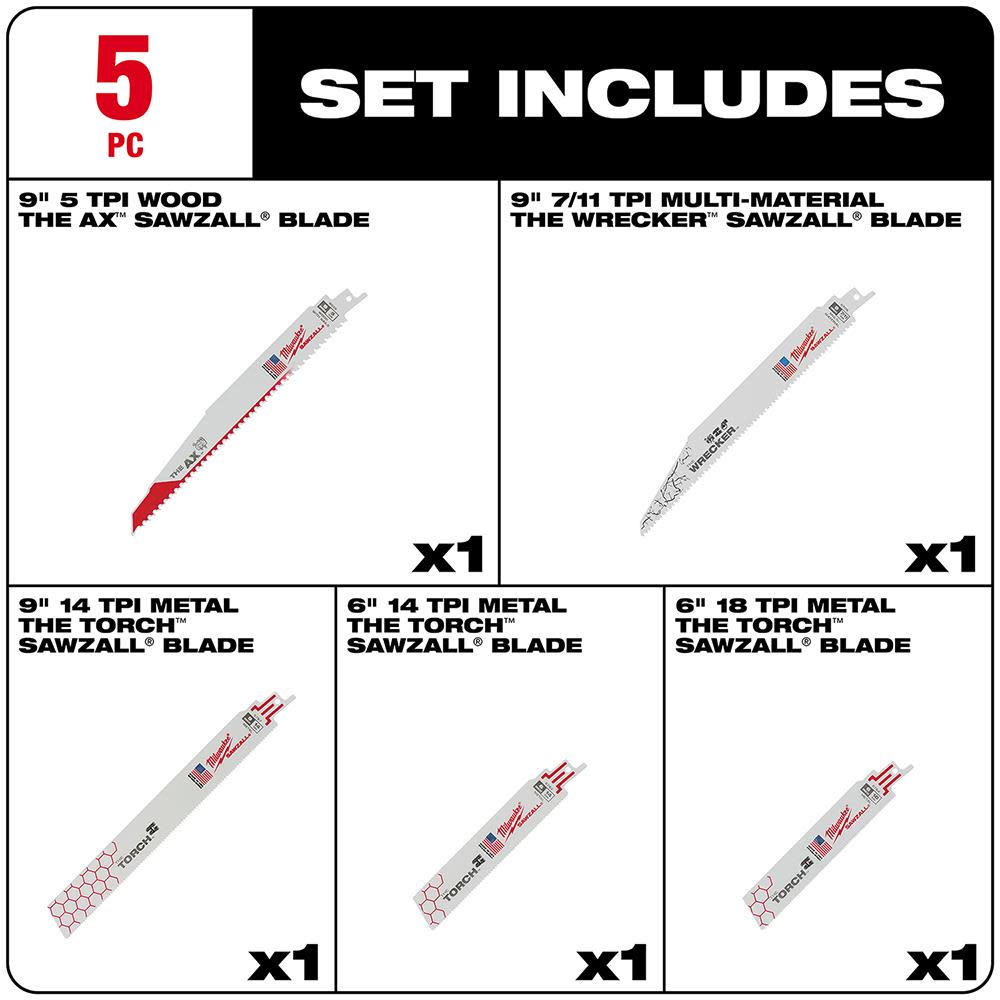 Milwaukee 5-Piece Demolition SAWZALL Blade Set - Flockneti